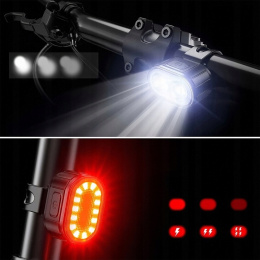 LAMPA ROWEROWA PRZEDNIA I TYLNA LED USB AKUMULATOROWA NA KIEROWNICĘ MOCNA
