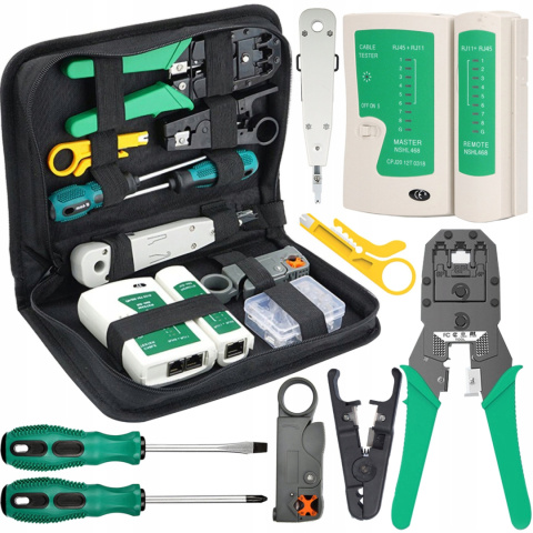 TESTER KABLI LAN RJ45 SIECI ZESTAW NARZĘDZI ZACISKARKA WTYK ETUI STRIPPER TESTER KABLI LAN RJ45 SIECI ZESTAW NARZĘDZI ZACISKARKA WTYK ETUI STRIPPER